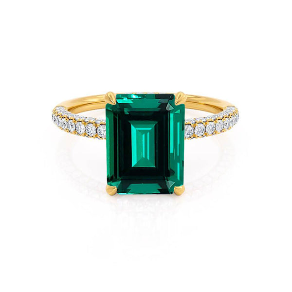 COCO - Emerald Emerald & Diamond 18k Yellow Gold Petite Hidden Halo Triple Pavé Ring Engagement Ring Lily Arkwright