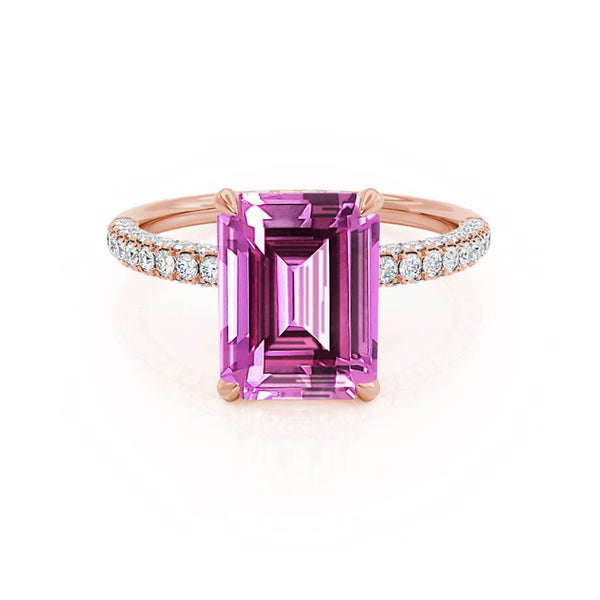 COCO - Emerald Pink Sapphire & Diamond 18k Rose Gold Petite Hidden Halo Triple Pavé Ring Engagement Ring Lily Arkwright