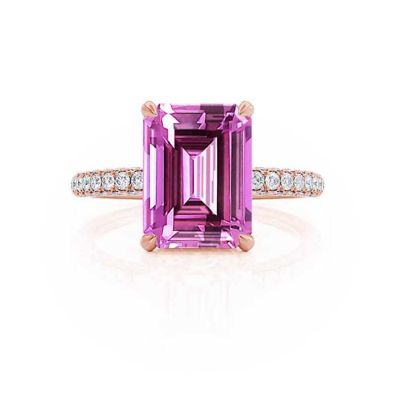 COCO - Emerald Pink Sapphire & Diamond 18k Rose Gold Petite Hidden Halo Triple Pavé Ring Engagement Ring Lily Arkwright