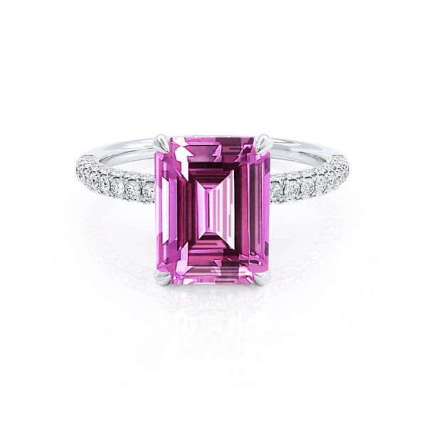 COCO - Emerald Pink Sapphire & Diamond 18k White Gold Petite Hidden Halo Triple Pavé Ring Engagement Ring Lily Arkwright