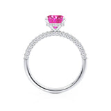COCO - Emerald Pink Sapphire & Diamond 18k White Gold Petite Hidden Halo Triple Pavé Ring Engagement Ring Lily Arkwright
