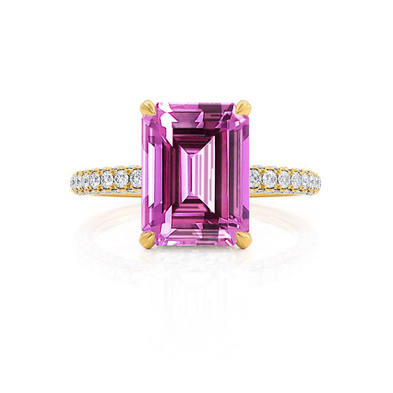 COCO - Emerald Pink Sapphire & Diamond 18k Yellow Gold Petite Hidden Halo Triple Pavé Ring Engagement Ring Lily Arkwright