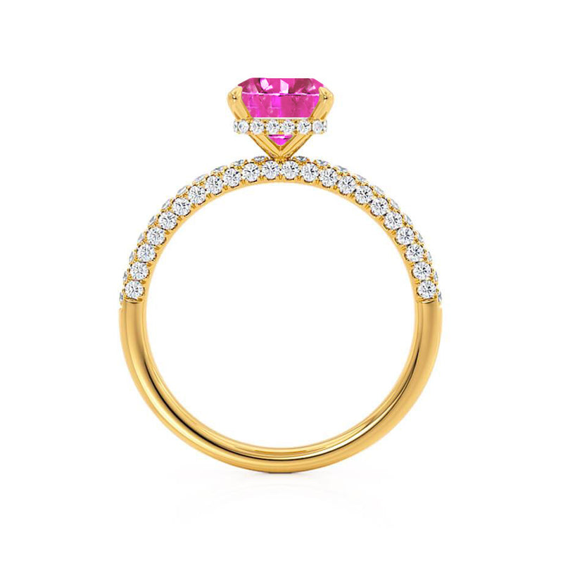 COCO - Emerald Pink Sapphire & Diamond 18k Yellow Gold Petite Hidden Halo Triple Pavé Ring Engagement Ring Lily Arkwright