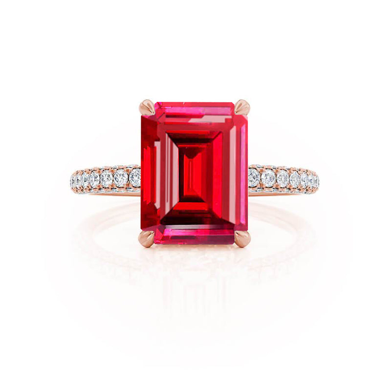 COCO - Emerald Ruby & Diamond 18k Rose Gold Petite Hidden Halo Triple Pavé Ring Engagement Ring Lily Arkwright