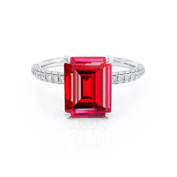 COCO - Emerald Ruby & Diamond 950 Platinum Petite Hidden Halo Triple Pavé Ring Engagement Ring Lily Arkwright