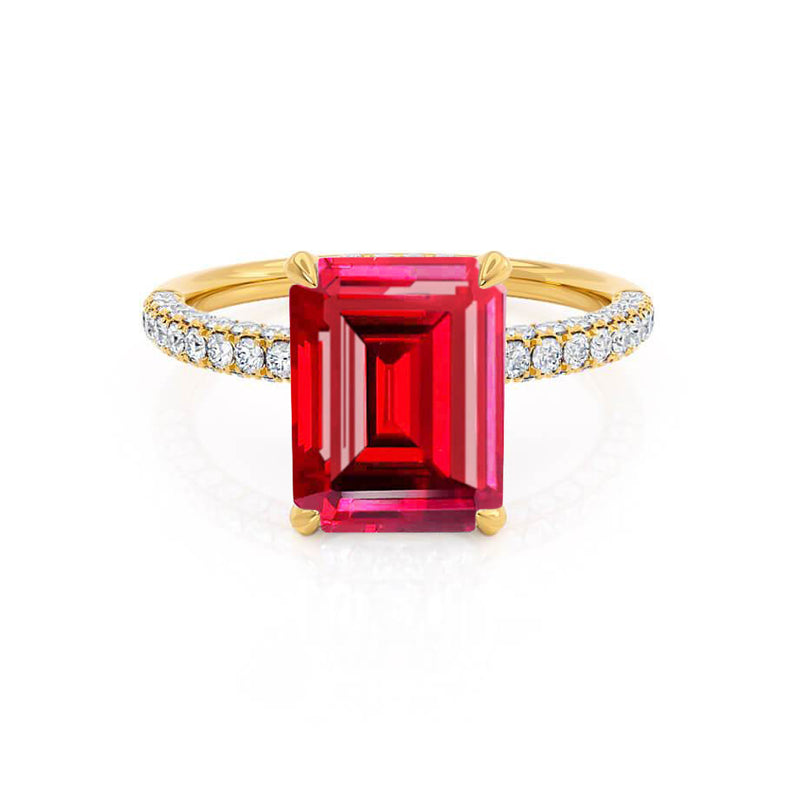 COCO - Emerald Ruby & Diamond 18k Yellow Gold Petite Hidden Halo Triple Pavé Ring Engagement Ring Lily Arkwright