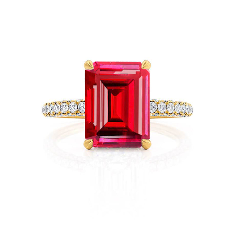 COCO - Chatham® Emerald Ruby & Diamond 18k Yellow Gold Petite Hidden Halo Triple Pavé Ring