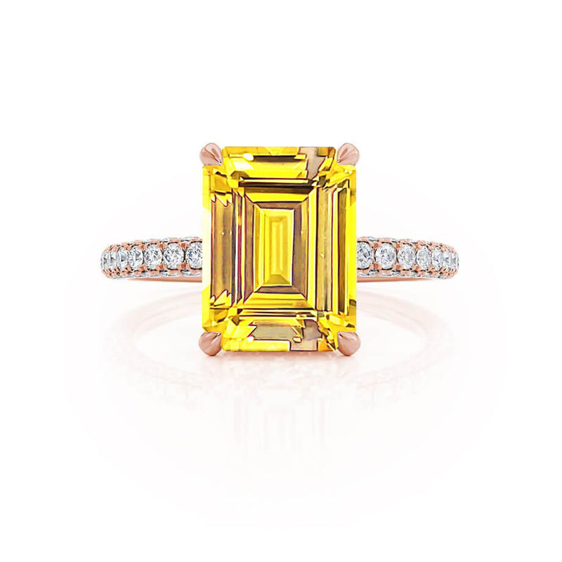 COCO - Emerald Yellow Sapphire & Diamond 18k Rose Gold Petite Hidden Halo Triple Pavé Ring Engagement Ring Lily Arkwright
