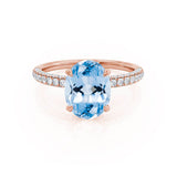 COCO - Oval Aqua Spinel & Diamond 18k Rose Gold Petite Hidden Halo Triple Pavé Shoulder Set Ring Engagement Ring Lily Arkwright