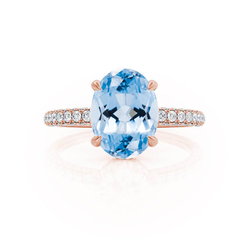 COCO - Oval Aqua Spinel & Diamond 18k Rose Gold Petite Hidden Halo Triple Pavé Shoulder Set Ring Engagement Ring Lily Arkwright
