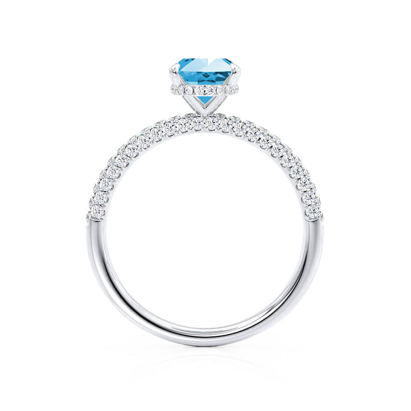 COCO - Oval Aqua Spinel & Diamond 950 Platinum Petite Hidden Halo Triple Pavé Shoulder Set Ring Engagement Ring Lily Arkwright