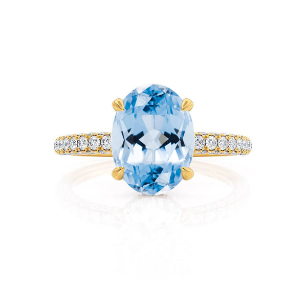 COCO - Oval Aqua Spinel & Diamond 18k Yellow Gold Petite Hidden Halo Triple Pavé Shoulder Set Ring Engagement Ring Lily Arkwright
