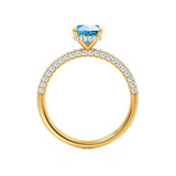 COCO - Oval Aqua Spinel & Diamond 18k Yellow Gold Petite Hidden Halo Triple Pavé Shoulder Set Ring Engagement Ring Lily Arkwright