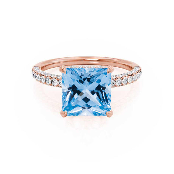 COCO - Princess Aqua Spinel & Diamond 18k Rose Gold Hidden Halo Triple Pavé Shoulder Set Engagement Ring Lily Arkwright