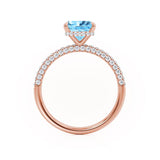 COCO - Princess Aqua Spinel & Diamond 18k Rose Gold Hidden Halo Triple Pavé Shoulder Set Engagement Ring Lily Arkwright