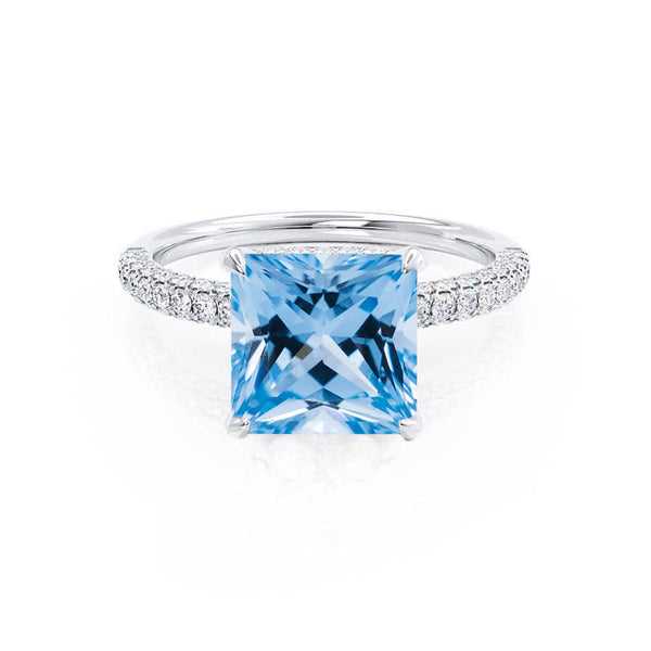 COCO - Princess Aqua Spinel & Diamond 18k White Gold Hidden Halo Triple Pavé Shoulder Set Engagement Ring Lily Arkwright
