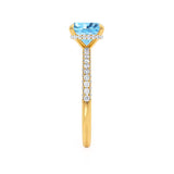 COCO - Princess Aqua Spinel & Diamond 18k Yellow Gold Hidden Halo Triple Pavé Shoulder Set Engagement Ring Lily Arkwright