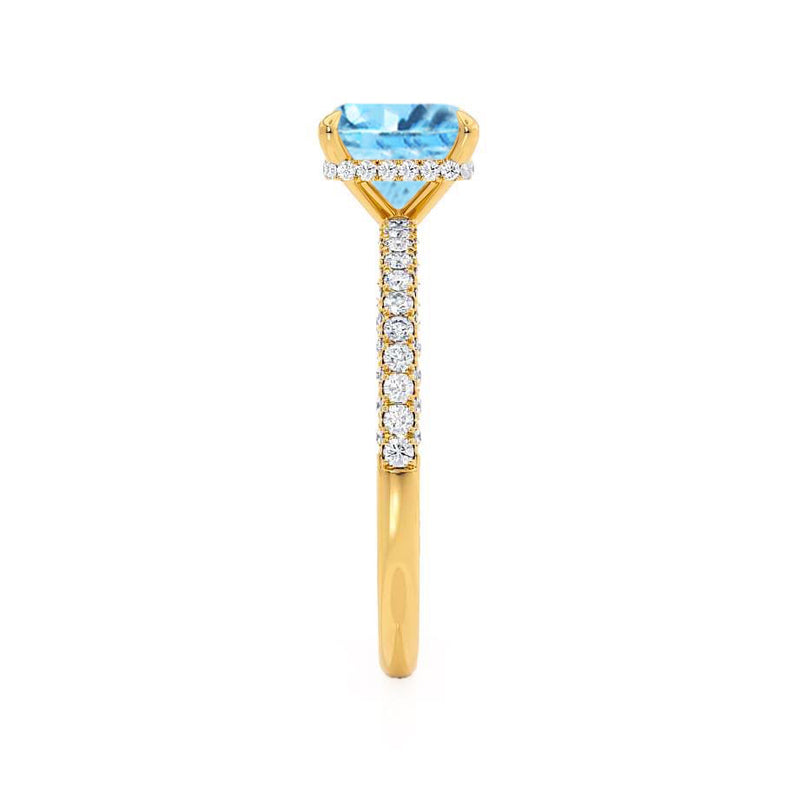 COCO - Princess Aqua Spinel & Diamond 18k Yellow Gold Hidden Halo Triple Pavé Shoulder Set Engagement Ring Lily Arkwright