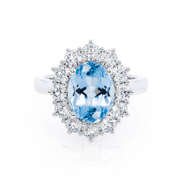 DIANA - Chatham® Aqua Spinel & Lab Diamond 950 Platinum Halo Engagement Ring Lily Arkwright