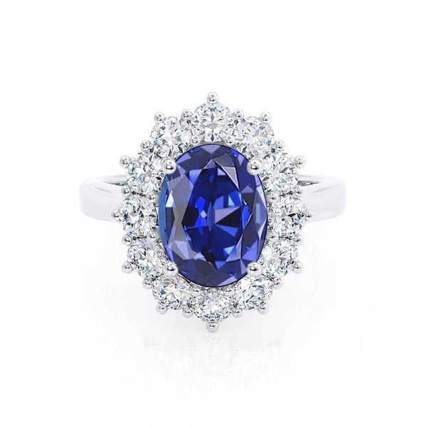 DIANA - Chatham® Blue Sapphire & Lab Diamond 18k White Gold Halo Engagement Ring Lily Arkwright