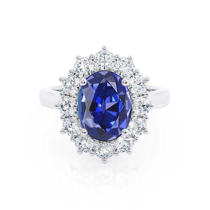 DIANA - Chatham® Blue Sapphire & Lab Diamond 950 Platinum Halo Engagement Ring Lily Arkwright