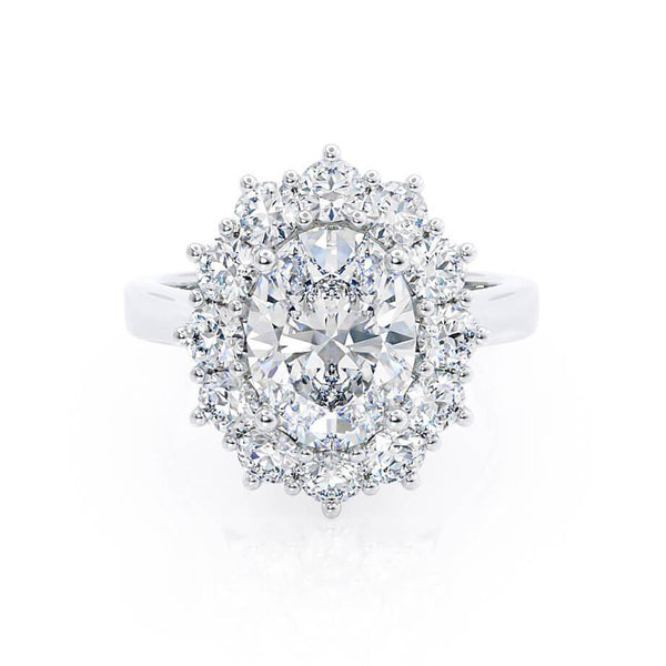 DIANA - Iconic Oval Moissanite & Lab Diamond 18k White Gold Halo Engagement Ring Lily Arkwright