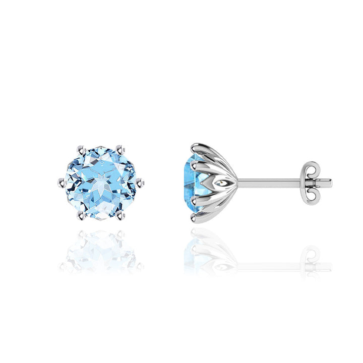 ELOISE - Round Aquamarine Blue Sapphire Platinum Lotus Leaf Stud Earrings