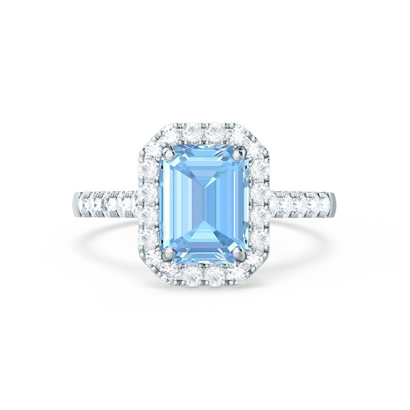 ESME - Emerald Lab-Grown Aqua Spinel & Diamond 18k White Gold Halo Engagement Ring Lily Arkwright
