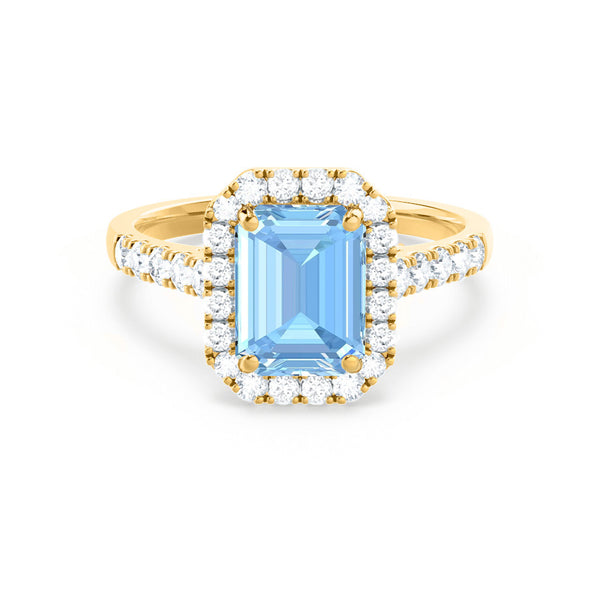 ESME - Emerald Lab-Grown Aqua Spinel & Diamond 18k Yellow Gold Halo Engagement Ring Lily Arkwright