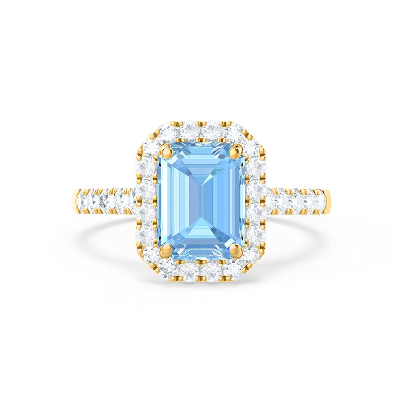 ESME - Emerald Lab-Grown Aqua Spinel & Diamond 18k Yellow Gold Halo Engagement Ring Lily Arkwright