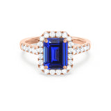 ESME - Emerald Lab-Grown Blue Sapphire & Diamond 18K Rose Gold Halo Engagement Ring Lily Arkwright