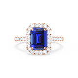ESME - Emerald Lab-Grown Blue Sapphire & Diamond 18K Rose Gold Halo Engagement Ring Lily Arkwright