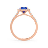 ESME - Radiant Lab-Grown Blue Sapphire & Diamond 18k Rose Gold Halo Engagement Ring Lily Arkwright