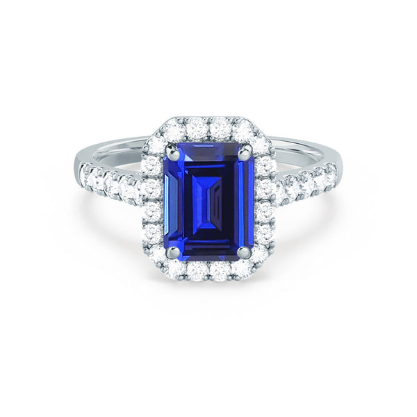 ESME - Emerald Lab-Grown Blue Sapphire & Diamond 18K White Gold Halo Engagement Ring Lily Arkwright