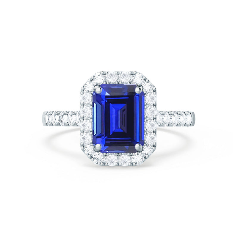 ESME - Emerald Lab-Grown Blue Sapphire & Diamond 18K White Gold Halo Engagement Ring Lily Arkwright