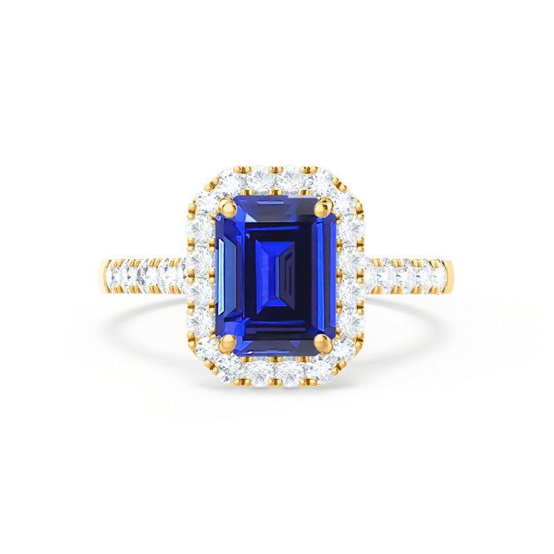 ESME - Emerald Lab-Grown Blue Sapphire & Diamond 18K Yellow Gold Halo Engagement Ring Lily Arkwright