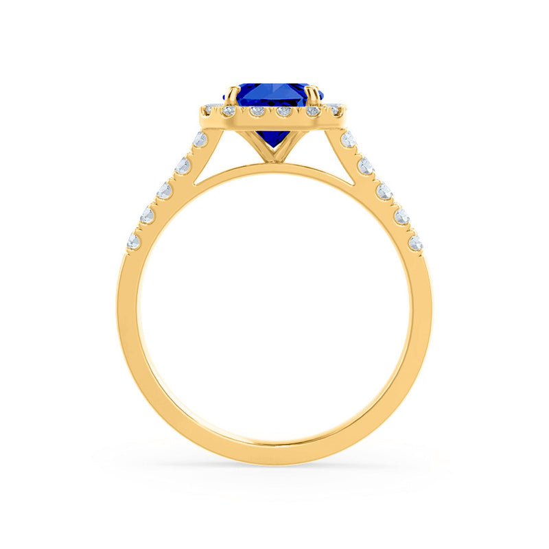 ESME - Radiant Lab-Grown Blue Sapphire & Diamond 18k Yellow Gold Halo Engagement Ring Lily Arkwright