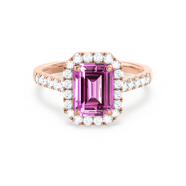 ESME - Emerald Lab-Grown Pink Sapphire & Diamond 18k Rose Gold Halo Engagement Ring Lily Arkwright
