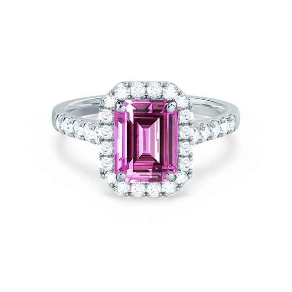 ESME - Emerald Lab-Grown Pink Sapphire & Diamond 18k White Gold Halo Engagement Ring Lily Arkwright