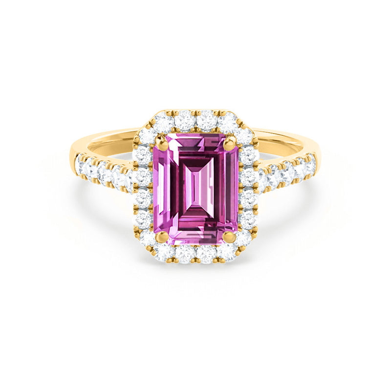 ESME - Emerald Lab-Grown Pink Sapphire & Diamond 18k Yellow Gold Halo Engagement Ring Lily Arkwright