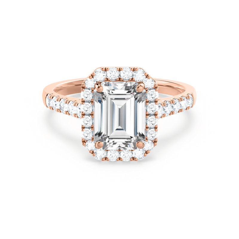 ESME - Emerald Moissanite & Diamond 18k Rose Gold Halo Rings Engagement Ring Lily Arkwright