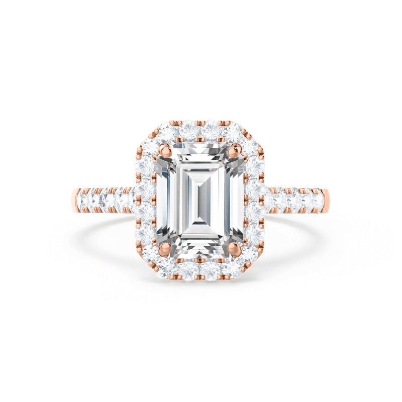 ESME - Emerald Moissanite & Diamond 18k Rose Gold Halo Rings Engagement Ring Lily Arkwright
