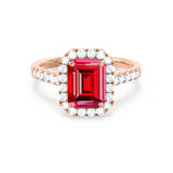 ESME - Emerald Lab-Grown Ruby & Diamond 18k Rose Gold Halo Engagement Ring Lily Arkwright