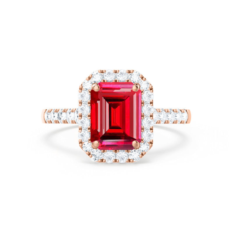 ESME - Emerald Lab-Grown Ruby & Diamond 18k Rose Gold Halo Engagement Ring Lily Arkwright