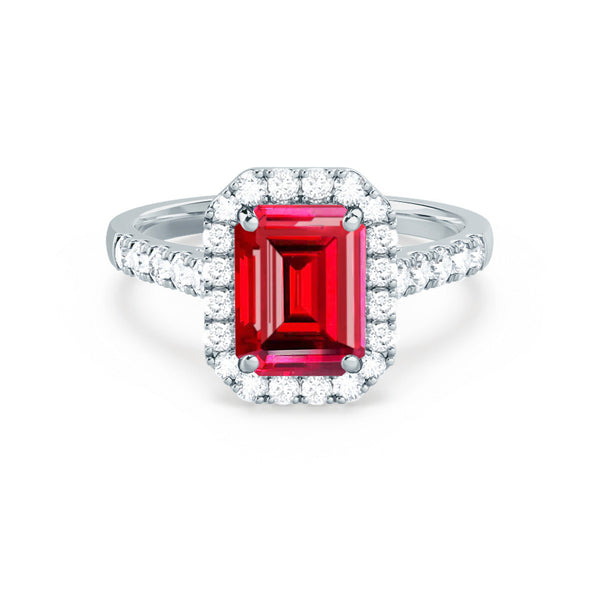 ESME - Emerald Lab-Grown Ruby & Diamond 18k White Gold Halo Engagement Ring Lily Arkwright