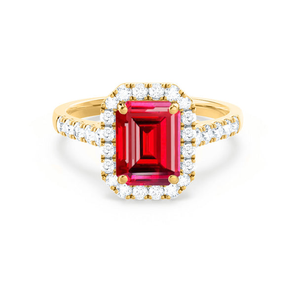 ESME - Emerald Lab-Grown Ruby & Diamond 18k Yellow Gold Halo Engagement Ring Lily Arkwright