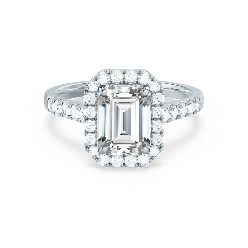 ESME - Emerald Moissanite & Diamond 18k White Gold Halo Rings Engagement Ring Lily Arkwright
