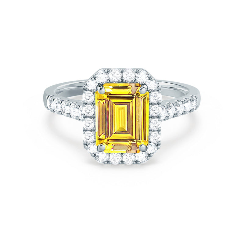 ESME - Emerald Lab-Grown Yellow Sapphire & Diamond 18k White Gold Halo Engagement Ring Lily Arkwright