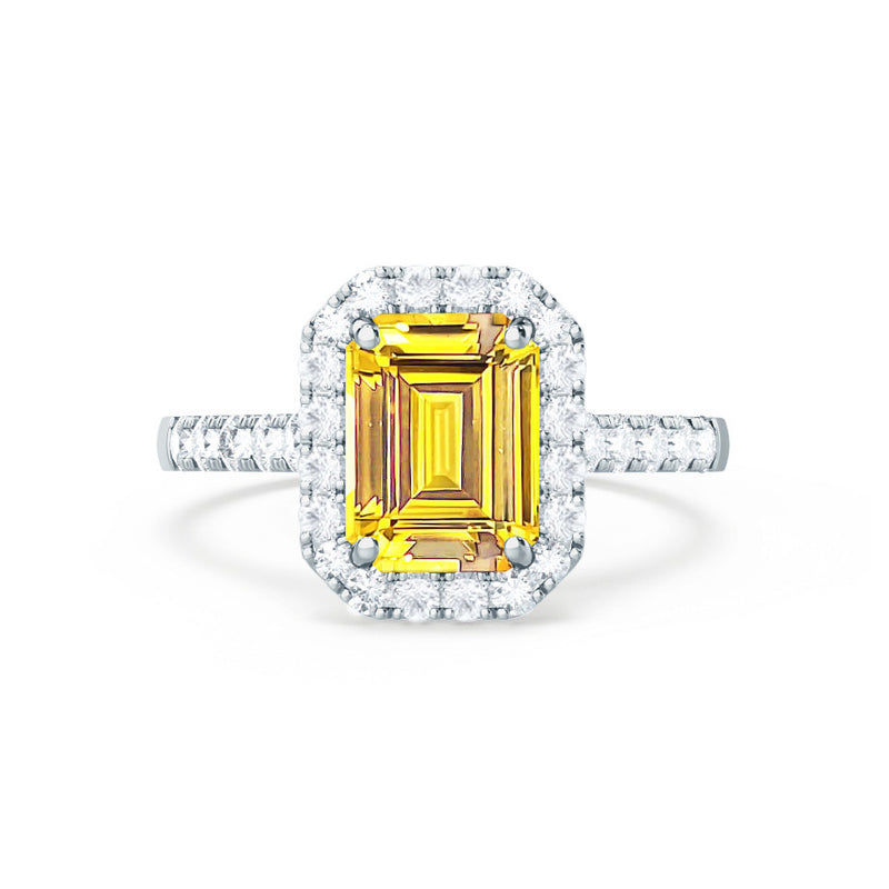 ESME - Emerald Lab-Grown Yellow Sapphire & Diamond 18k White Gold Halo Engagement Ring Lily Arkwright