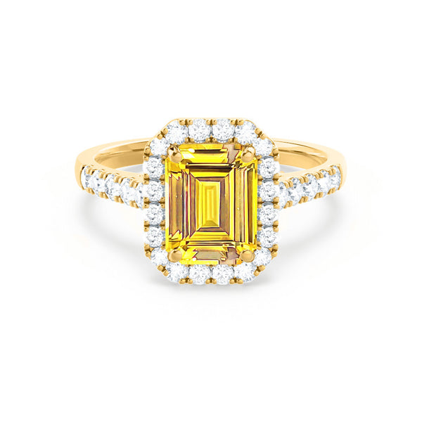 ESME - Emerald Lab-Grown Yellow Sapphire & Diamond 18k Yellow Gold Halo Engagement Ring Lily Arkwright